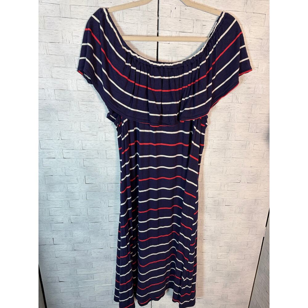 Lane Bryant women's dress off shoulder midi navy red white stripes plus size